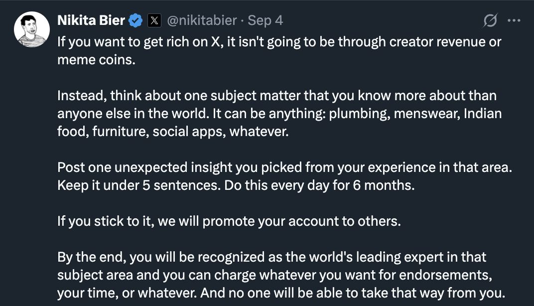 Twitter post about building expertise